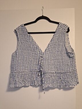 Zara Blue and White Gingham Tie-Front Sleeveless Top